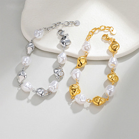 304 Браслеты-цепочки из нержавеющей стали и пластиковых жемчужных бусин для женщин, самородки