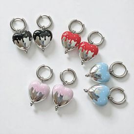 Aros colgantes de corazón de esmalte con efecto derretido gótico, Pendientes de aro de acero inoxidable, color acero inoxidable