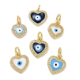 Real 18K Gold Plated Brass Micro Pave Cubic Zirconia Pendants, with Enamel and Jump Ring, Heart with Evil Eye Charms