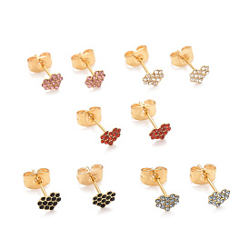 304 Stainless Steel Rhinestone Stud Earrings, with 316 Surgical Stainless Steel Pin, Golden, Heart