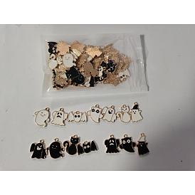 70 piezas 14 estilos colgantes de esmalte de aleación de halloween, sin plomo y cadmio, la luz de oro, fantasma y gato y murciélago