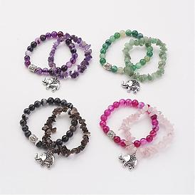 Perles de pierres précieuses naturelles s'étendent bracelets, avec pendentifs de style tibétain, éléphant
