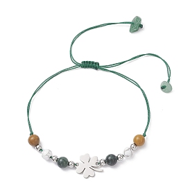 201 из нержавеющей стали ссылка браслеты, 304 Женские плетеные браслеты из бусин из нержавеющей стали и натуральных бусин, клевер, с нейлоновой нитью