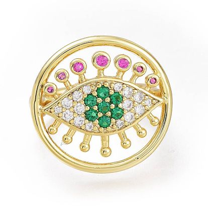 Brass Micro Pave Cubic Zirconia Cuff Rings, Open Rings, Long-Lasting Plated, Flat Round with Eye, Colorful