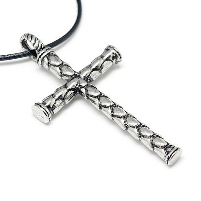 Alloy Pendant Necklaces, with Waxed Cord and Iron End Chains, Cross