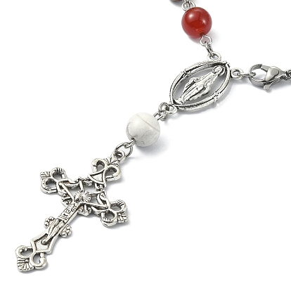 Natural & Synthetic Mixed Gemstone Rosary Bead Bracelet, Alloy Cross & Virgin Mary Charm Bracelet for Women