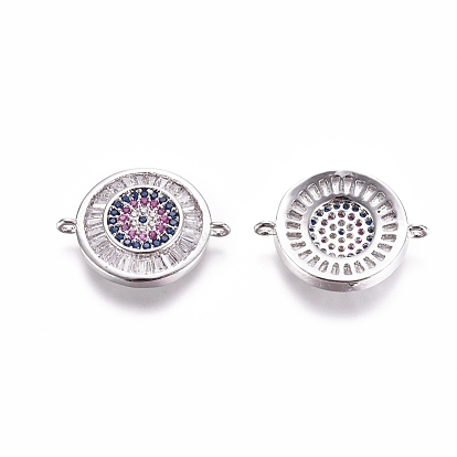 Brass Micro Pave Cubic Zirconia Links Connectors, Flat Round with Evil Eye