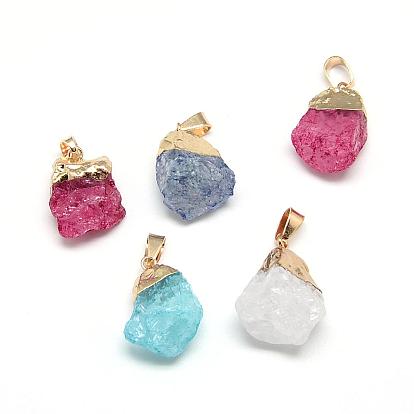 Natural Quartz Crystal Pendants, with Golden Tone Iron Findings, Dyed, Nuggets
