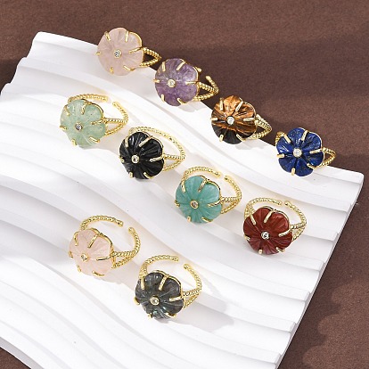 Кольца-манжеты с натуральными драгоценными камнями-цветками, с прозрачным кубическим цирконием и латунными кольцами, золотые, стойки покрытие
