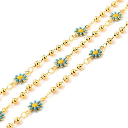 Handmade Brass Link Chains, with Round Beads, Long-Lasting Plated, Soldered, with Spool, Flower with Enamel, Golden
