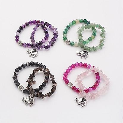 Perles de pierres précieuses naturelles s'étendent bracelets, avec pendentifs de style tibétain, éléphant