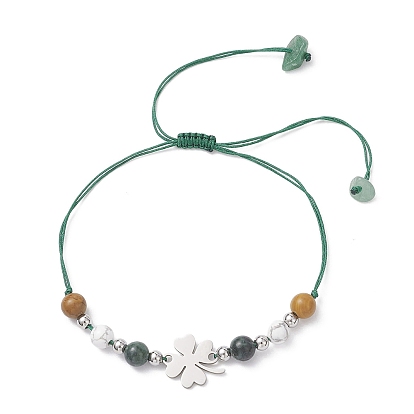 201 из нержавеющей стали ссылка браслеты, 304 Женские плетеные браслеты из бусин из нержавеющей стали и натуральных бусин, клевер, с нейлоновой нитью