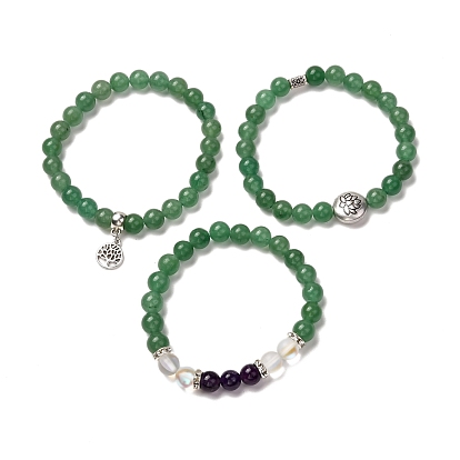 Ensemble de bracelets extensibles arbre de vie et lotus pour hommes femmes, aventurine verte naturelle & améthyste & perles de pierre de lune synthétique