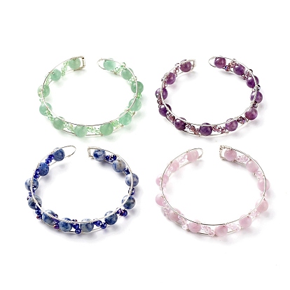 Bracelet manchette perles de pierres mélangées, bracelet ouvert en fil de cuivre, couleur inox