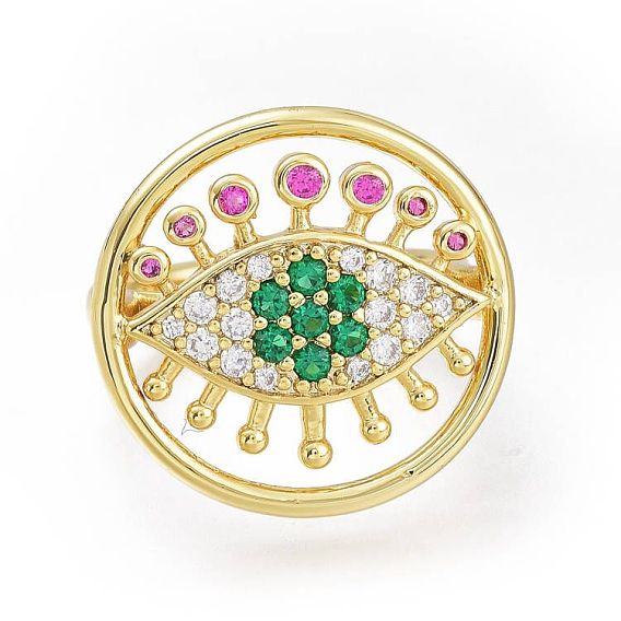 Brass Micro Pave Cubic Zirconia Cuff Rings, Open Rings, Long-Lasting Plated, Flat Round with Eye, Colorful
