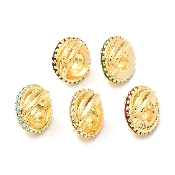 Brass Micro Pave Cubic Zirconia European Beads, Large Hole Beads, Planet Shape, Golden