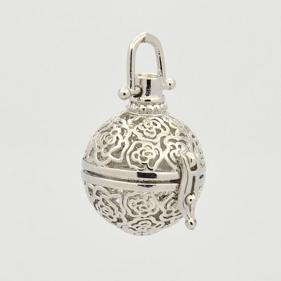 Filigree Round Brass Cage Pendants, For Chime Ball Pendant Necklaces Making