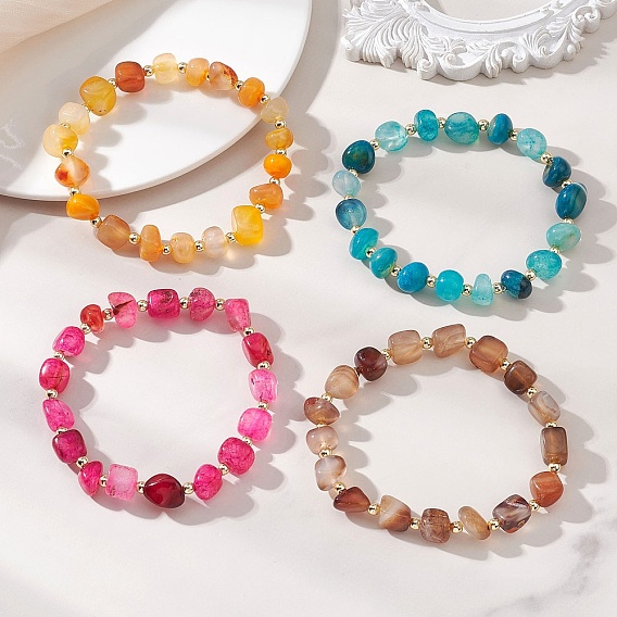 Женские эластичные браслеты из окрашенного и термически обработанного натурального агата и немагнитных синтетических гематитовых бусин., самородки