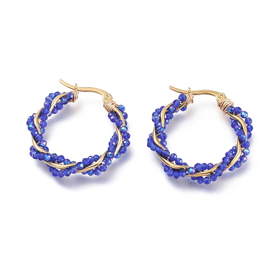304 Edelstahl Creolen Ohrstecker , Perlenohrringe, mit facettierten runden Glasperlen, Verdrehter Ring, golden