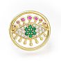 Brass Micro Pave Cubic Zirconia Cuff Rings, Open Rings, Long-Lasting Plated, Flat Round with Eye, Colorful