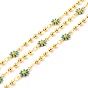 Handmade Brass Link Chains, with Round Beads, Long-Lasting Plated, Soldered, with Spool, Flower with Enamel, Golden