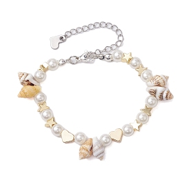 Natural Shell & ABS Plastic Imitation Pearl Beaded Bracelets, Ocean Theme Star & Heart Brass Bracelets for Women