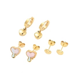 Placage ionique (ip) 3 paires 3 styles 304 boucles d'oreilles en forme de cœur en acier inoxydable, avec poudre pailletée et émail pour femme