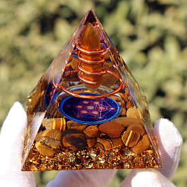 Orgonite Pyramid Resin Energy Generators, Reiki Natural Tiger Eye and Metal Spring Inside for Home Office Desk Decoration