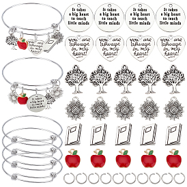 Kit para hacer pulseras con dijes de bricolaje para el Día del Maestro, incluyendo encantos de aleación de manzana y girasol y árbol y palabra con esmalte, ajustable 201 brazalete de acero inoxidable