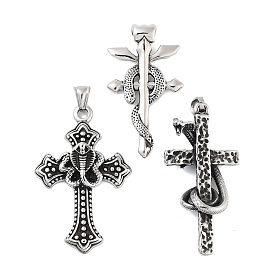 Retro 304 Stainless Steel Big Pendants, Cross with Snake Charm