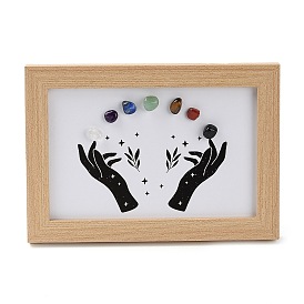 Hand Pattern Gemstone Chakra Picture Frame Stand, with Wood Rectangle Picture Frame, Reiki Energy Stone Home Office Decoration