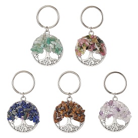 Alloy Keychain, with Natural & Synthetic Mixed Stone Chip Beads Iron Key Rings, Flat Round with Tree of Life, Antique Silver & Platinum, Mixed Color