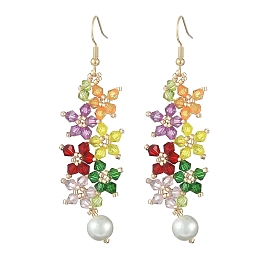Acrylic Beaded Flower with Imitation Pearl Dangle Earrings, Golden 304 Stainless Steel Wire Wrap Jewelry for Women