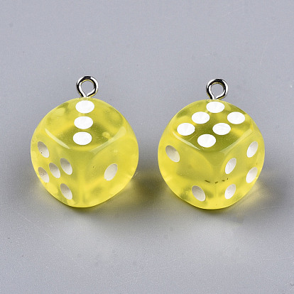 Epoxy Resin Pendants, with Platinum Plated Iron Loop, Cube with Dice, Mix Style