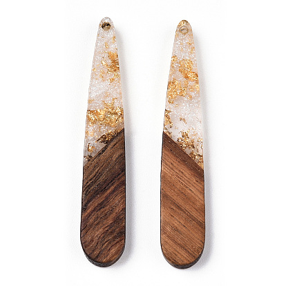 Transparent Resin & Walnut Wood Pendants, with Gold Foil, Teardrop Charms, Waxed