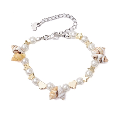 Natural Shell & ABS Plastic Imitation Pearl Beaded Bracelets, Ocean Theme Star & Heart Brass Bracelets for Women