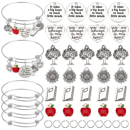 Kit para hacer pulseras con dijes de bricolaje para el Día del Maestro, incluyendo encantos de aleación de manzana y girasol y árbol y palabra con esmalte, ajustable 201 brazalete de acero inoxidable