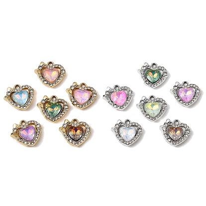 UV Plating Alloy Glass Pendants, Heart with Bowknot Charm, with Rhinestone, Faceted, Mixed Color