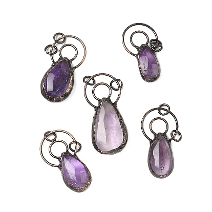 Природный аметист большие кулоны, подвески-слезинки из латуни с соединительными кольцами, Красная медь