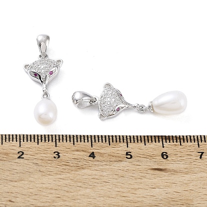 Rhodium Plated 925 Sterling Silver Micro Pave Cubic Zirconia Pendants, Fox Charms with Natural Pearl Beads, with S925 Stamp