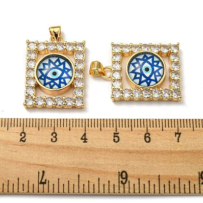 Real 18K Gold Plated Brass Pendants, with Glass and Acrylic, Rectangle with Evil Eye Charms
