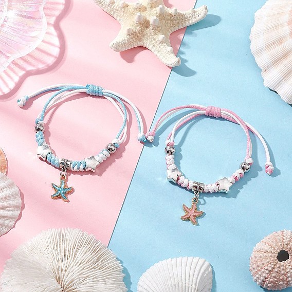 Регулируемые браслеты Корейские парафинированные полиэфирным кордом, Браслеты из европейского бисера из нержавеющей стали и сплава для женщин, морская звезда