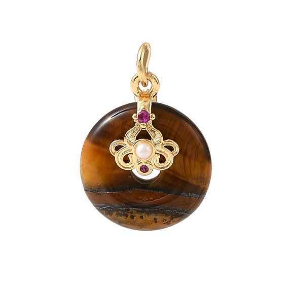 Natural Tiger Eye Pendants, Donut/Pi Disc Charms, with Brass Micro Pave Cubic Zirconia and Plastic Imitation Pearl Findings