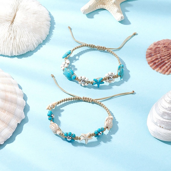 2шт. 2 цвета синтетические бирюзовые и магнезитовые бусины плетеные браслеты, регулируемые женские браслеты из нейлоновой нити, черепаха и морская звезда