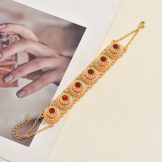 Elegant Crown Alloy Pave Red Cubic Zirconia Flat Round Link Chain Bracelets for Women