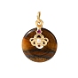 Natural Tiger Eye Pendants, Donut/Pi Disc Charms, with Brass Micro Pave Cubic Zirconia and Plastic Imitation Pearl Findings