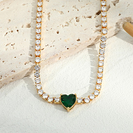 Chic Brass Heart Pendant Necklace with 14K Gold Plating and Sparkling Cubic Zirconia Stones