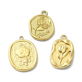 Ion Plating(IP) 304 Stainless Steel Pendants, Flat Round & Oval with Flower Charm