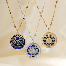 Ожерелье в стиле бохо из латуни с синей и черной эмалью в виде сетки с подвеской в виде солнца и прозрачными кубическими цирконами