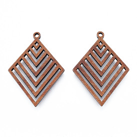 Natural Walnut Wood Pendants, Undyed, Hollow Rhombus Charm